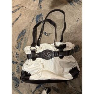 Y2K Vintage Bueno Chic Cream Brown Faux Leather Satchel Handbag Owl Embellishmnt